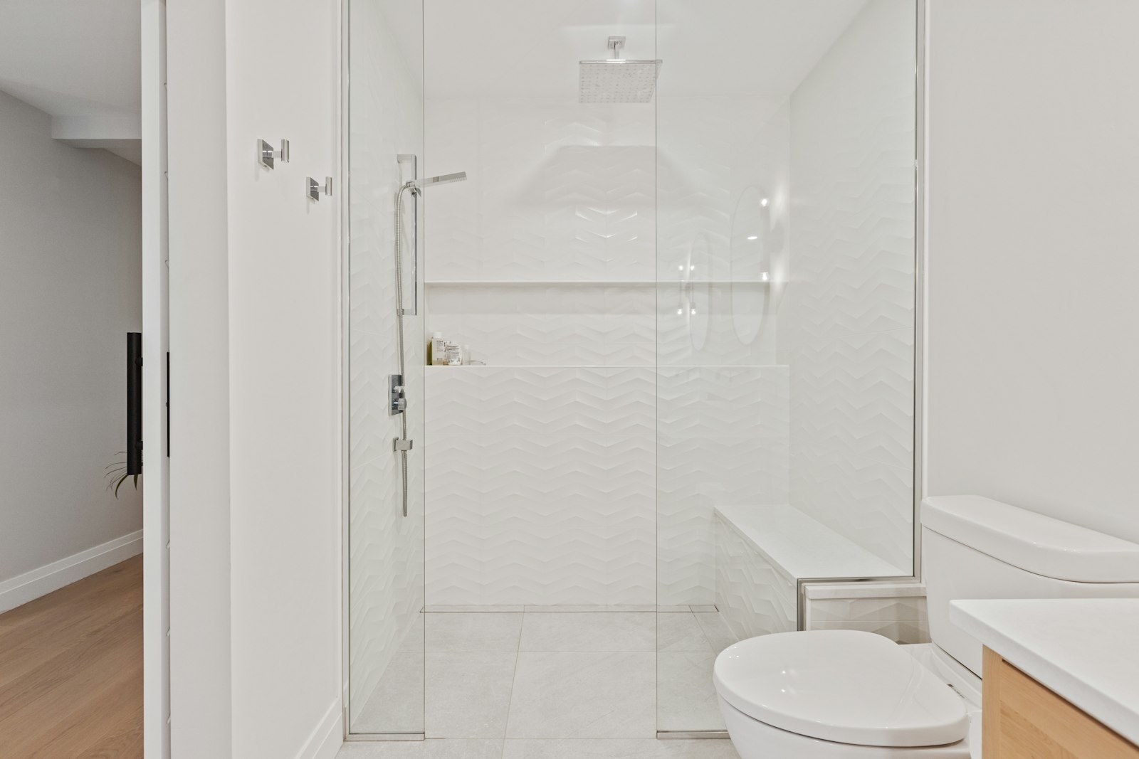Kitchen Remodeling in Brentwood, NY — Modern bathroom renovation with walk-in shower — Long Island, NY