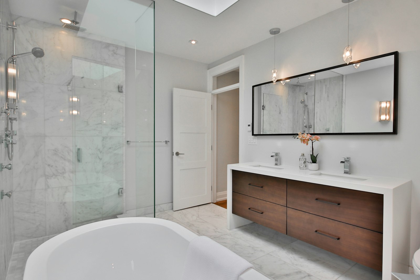 Bathroom Remodeling in Brentwood, NY — Modern bathroom renovation with walk-in shower — Suffolk County, NY