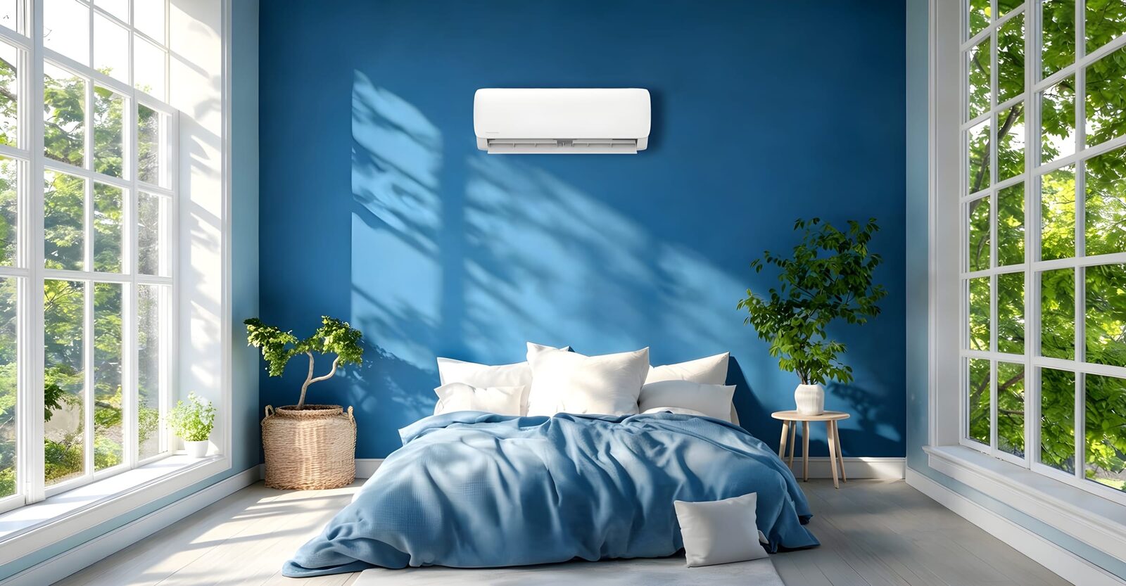 Serene blue bedroom with a MRCOOL ductless mini-split — Suffolk County, NY
